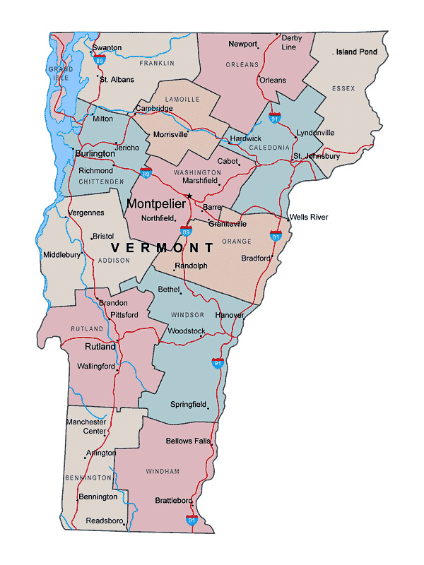 Administrative Map Of Vermont State With Major Cities Vidiani 