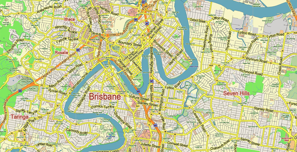 Brisbane Australia PDF Vector Map City Plan Low Detailed for Small 