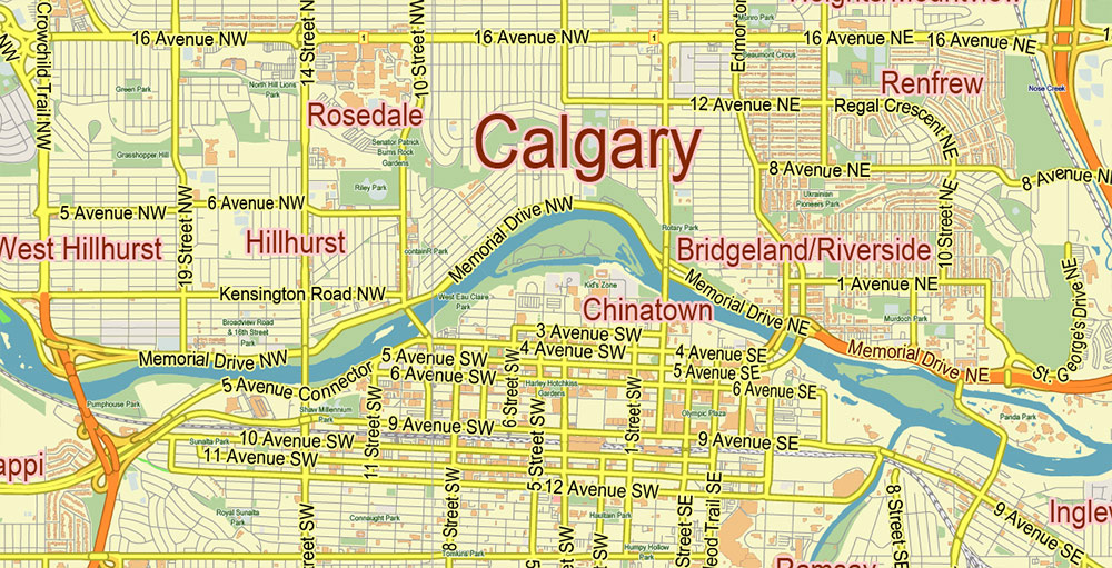 Calgary Alberta Canada PDF Vector Map City Plan Low Detailed for 