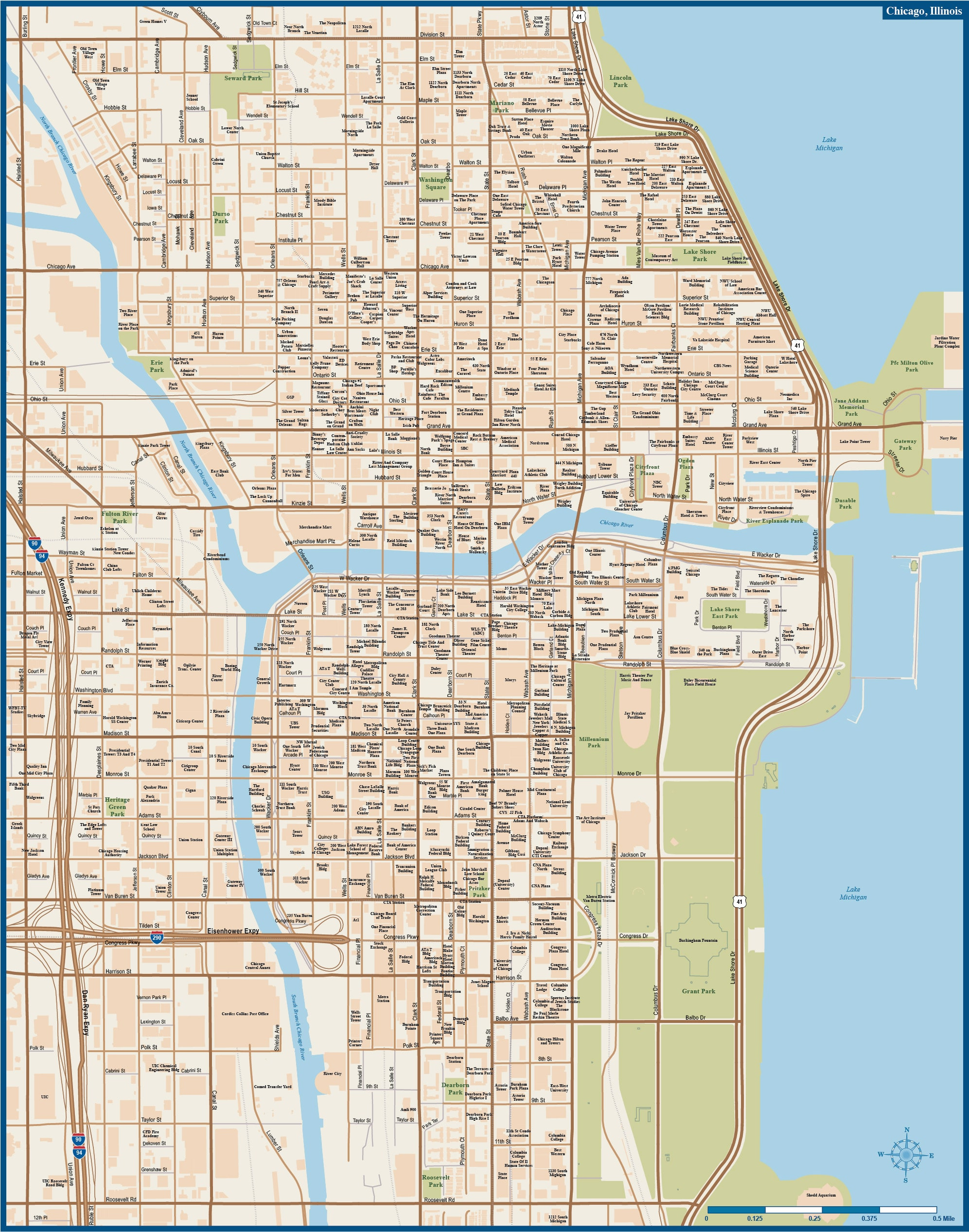 Chicago Downtown Map Digital Vector Creative Force