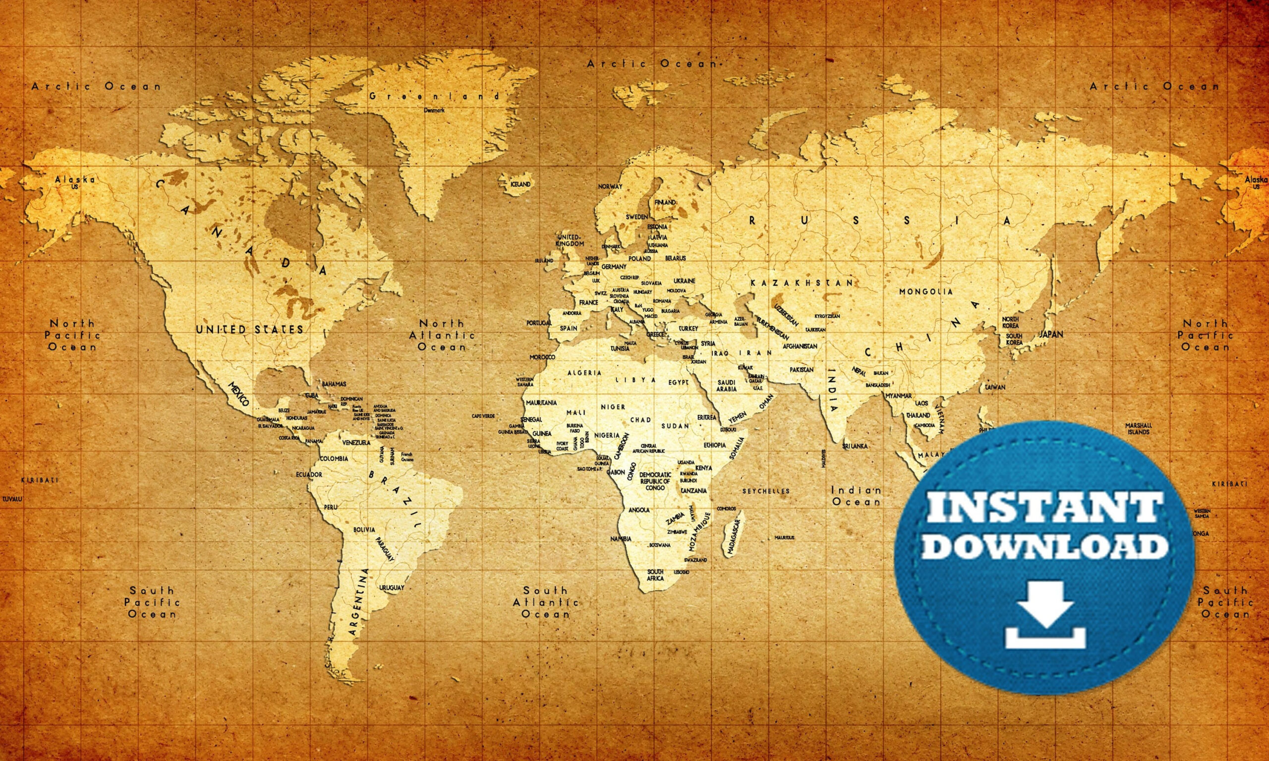 Digital Modern Vintage Map Printable Download Vintage Style World Map 
