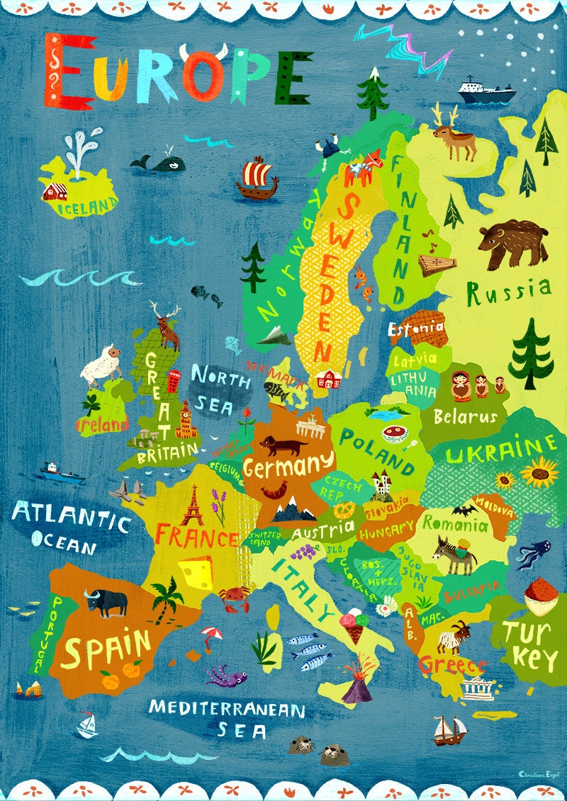 Europe Map Illustration Digital Print Poster Kids Room
