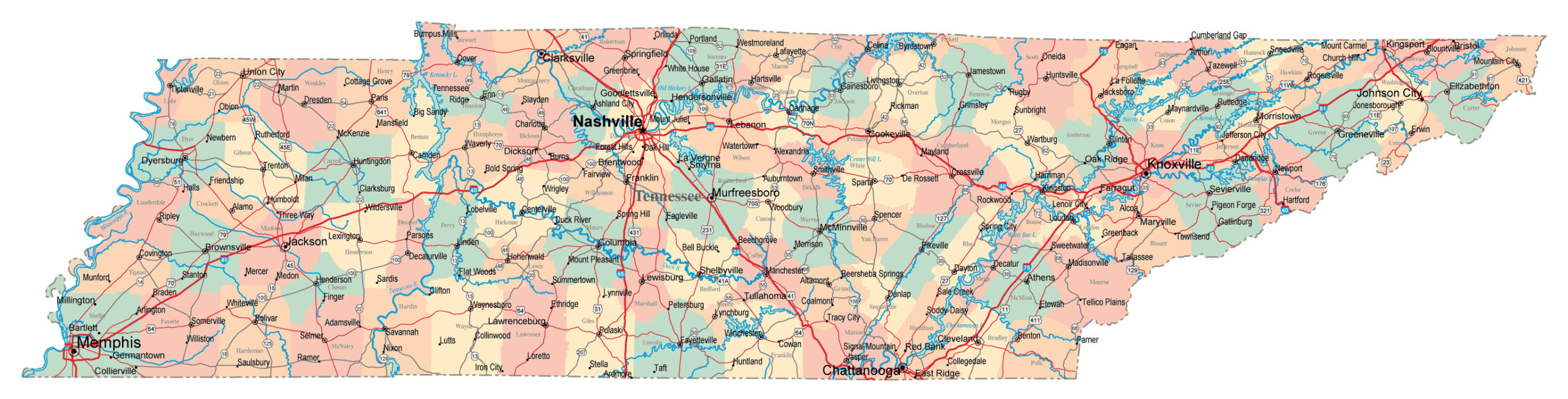 Large Administrative Map Of Tennessee State With Roads Highways And 