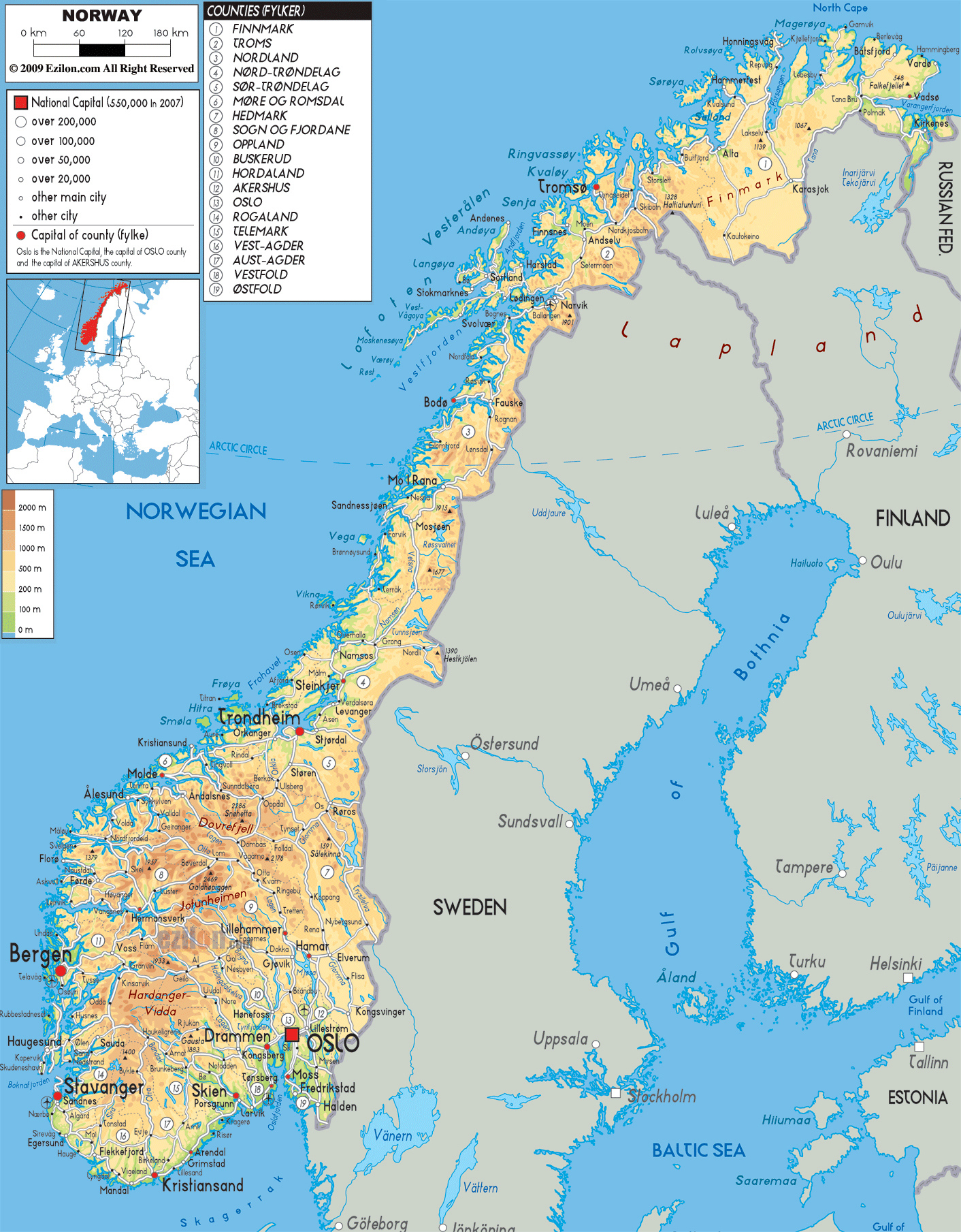 Large Detailed Physical Map Of Norway With All Roads Cities And 
