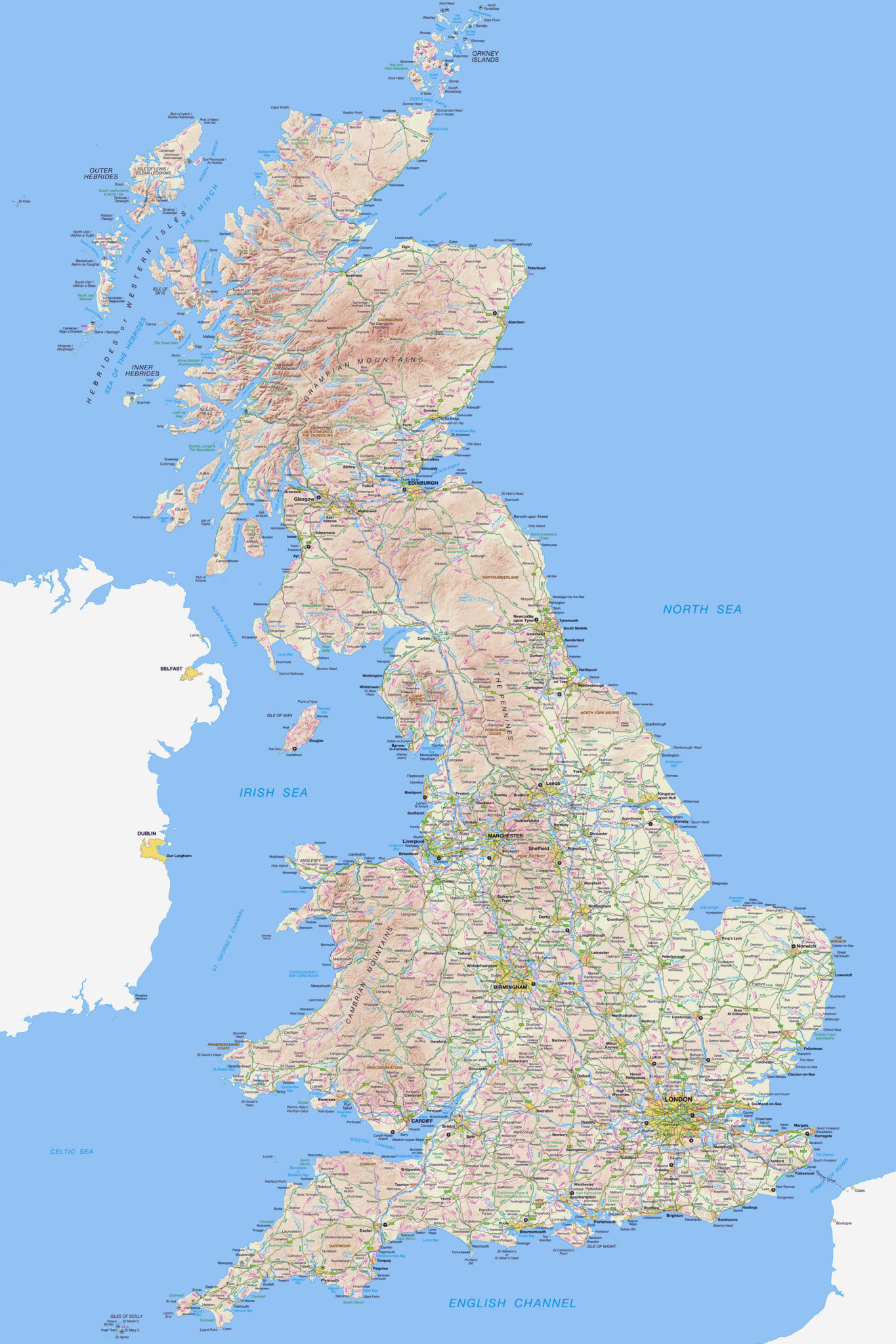 Large Detailed Road Map Of Britain With Relief All Villages Cities | Adams Printable Map