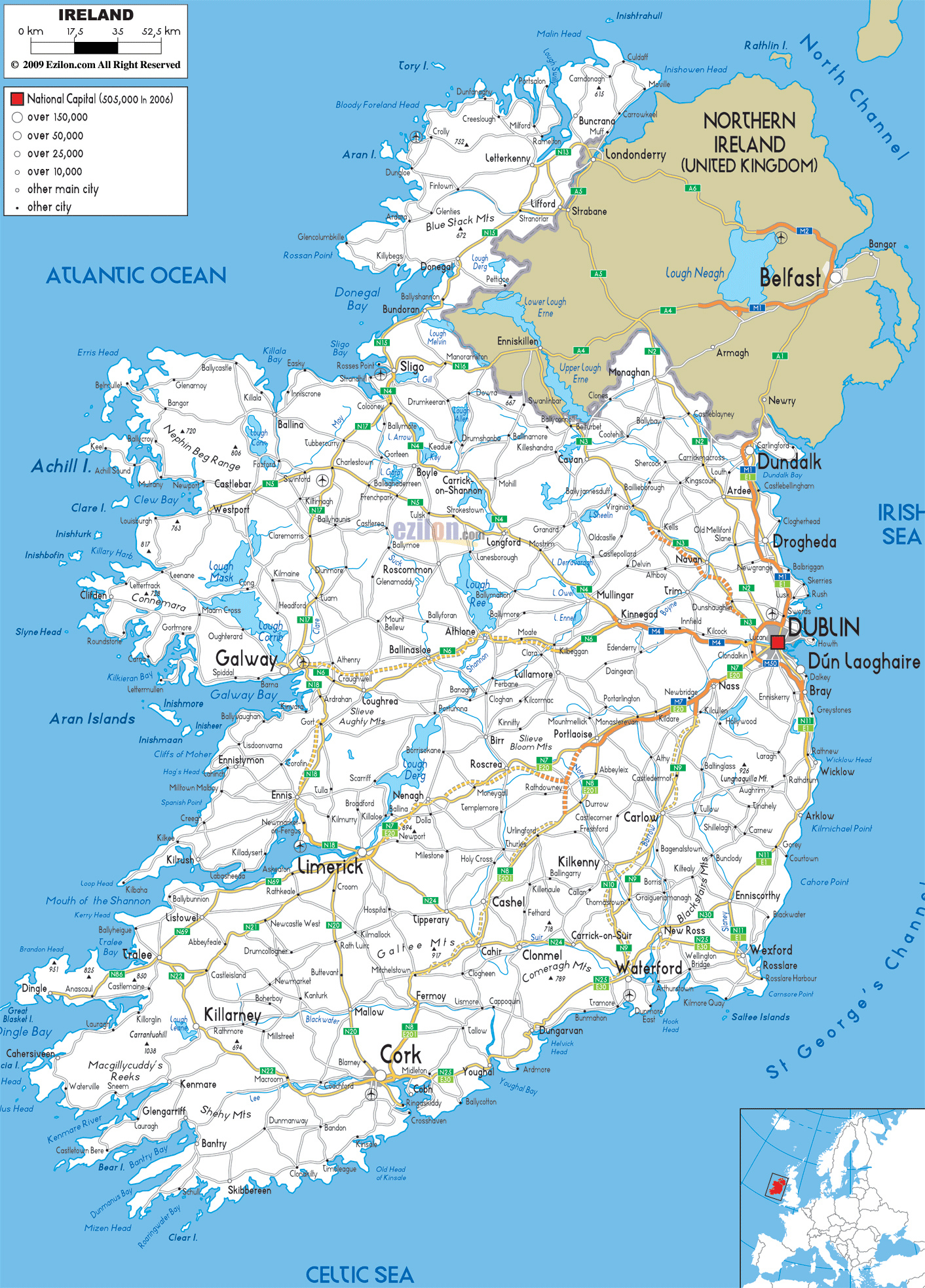 Large Detailed Road Map Of Ireland With All Cities And Airports 
