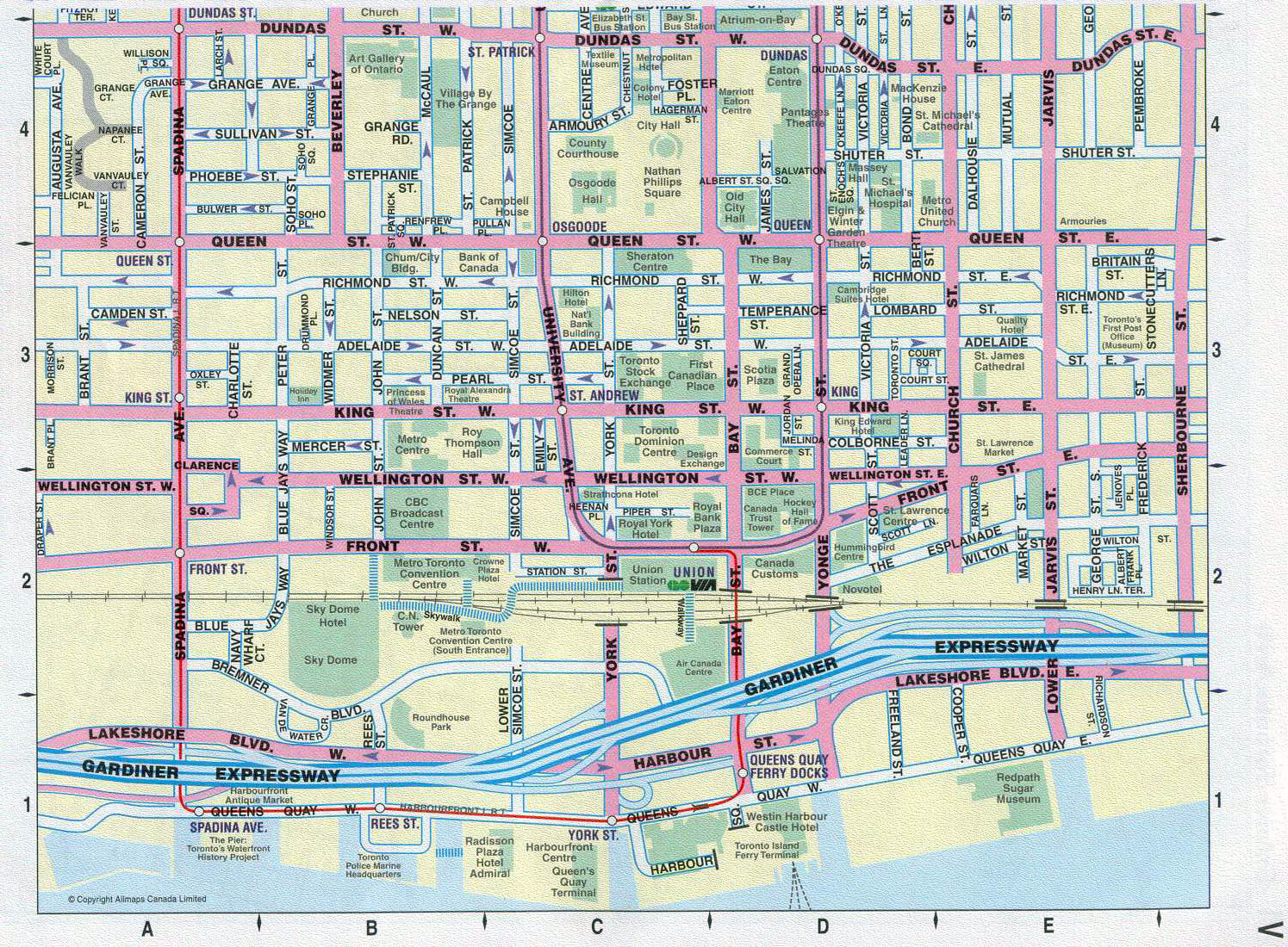 Large Detailed Tourist Map Of Downtown Of Toronto City Vidiani 