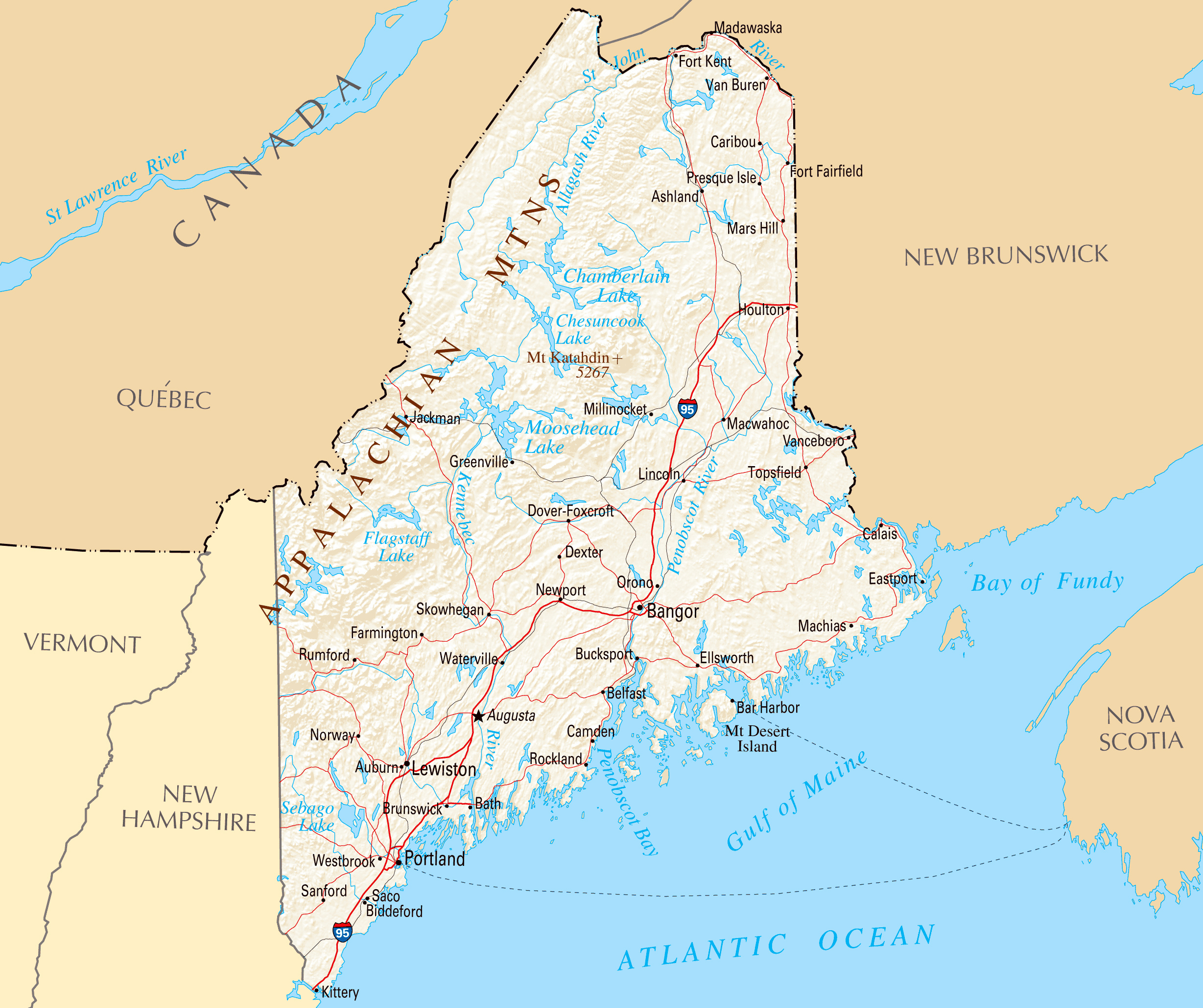 Large Map Of Maine State With Relief Highways And Major Cities 