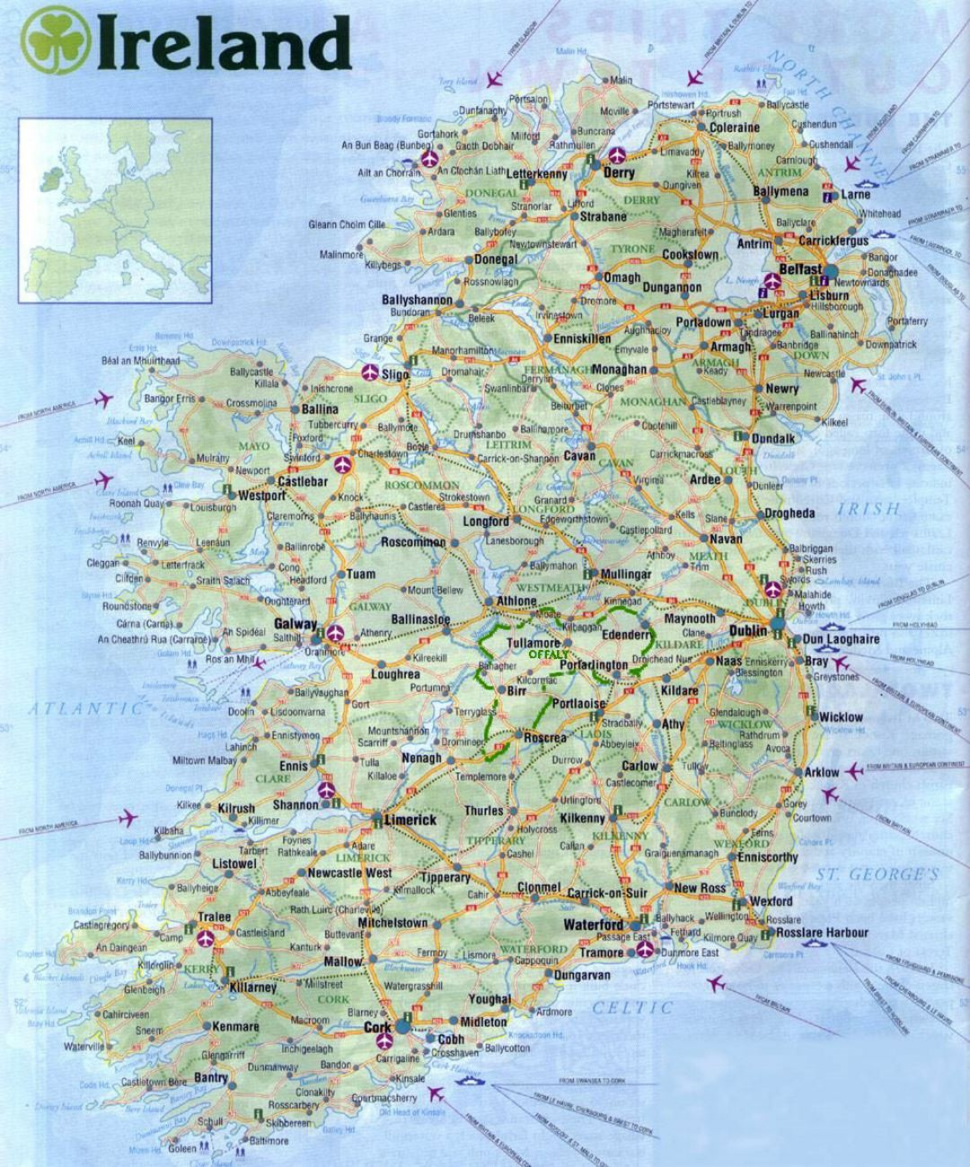Large Road Map Of Ireland With All Cities Airports And Roads Ireland 