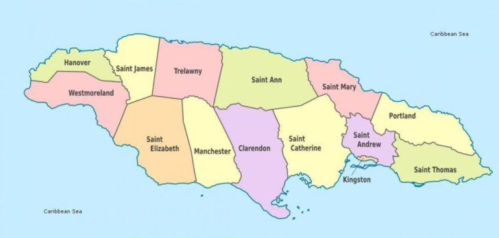 Map Jamaica Showing Parishes And Capitals Printable