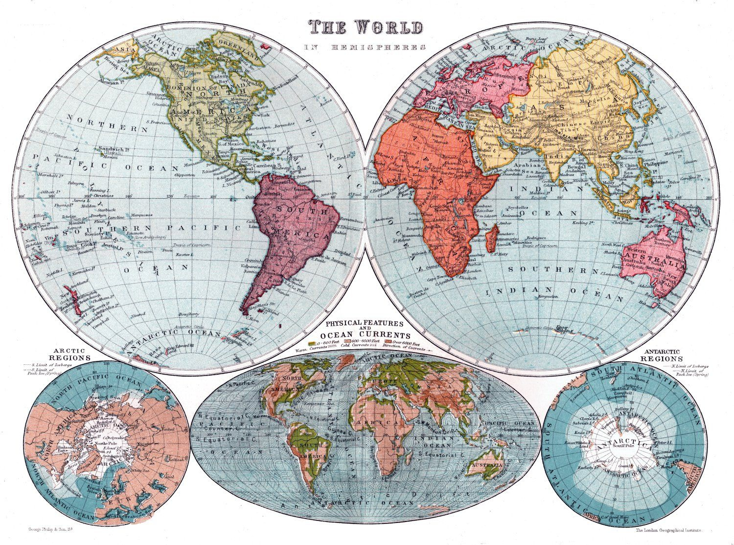 Map Of The World Hemispheres C1905 Antique World Map Antique Map Map