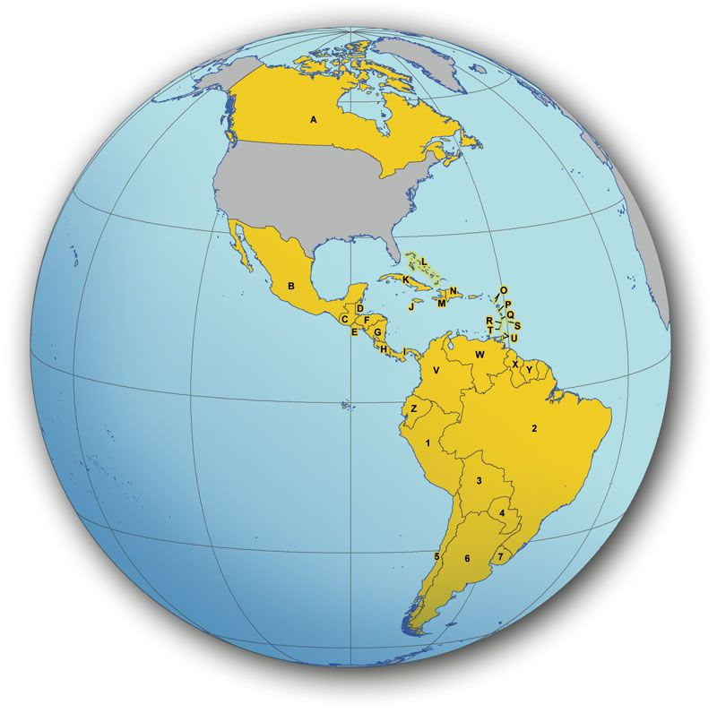 Map Showing Countries Belonging To The Western Hemisphere Region With 