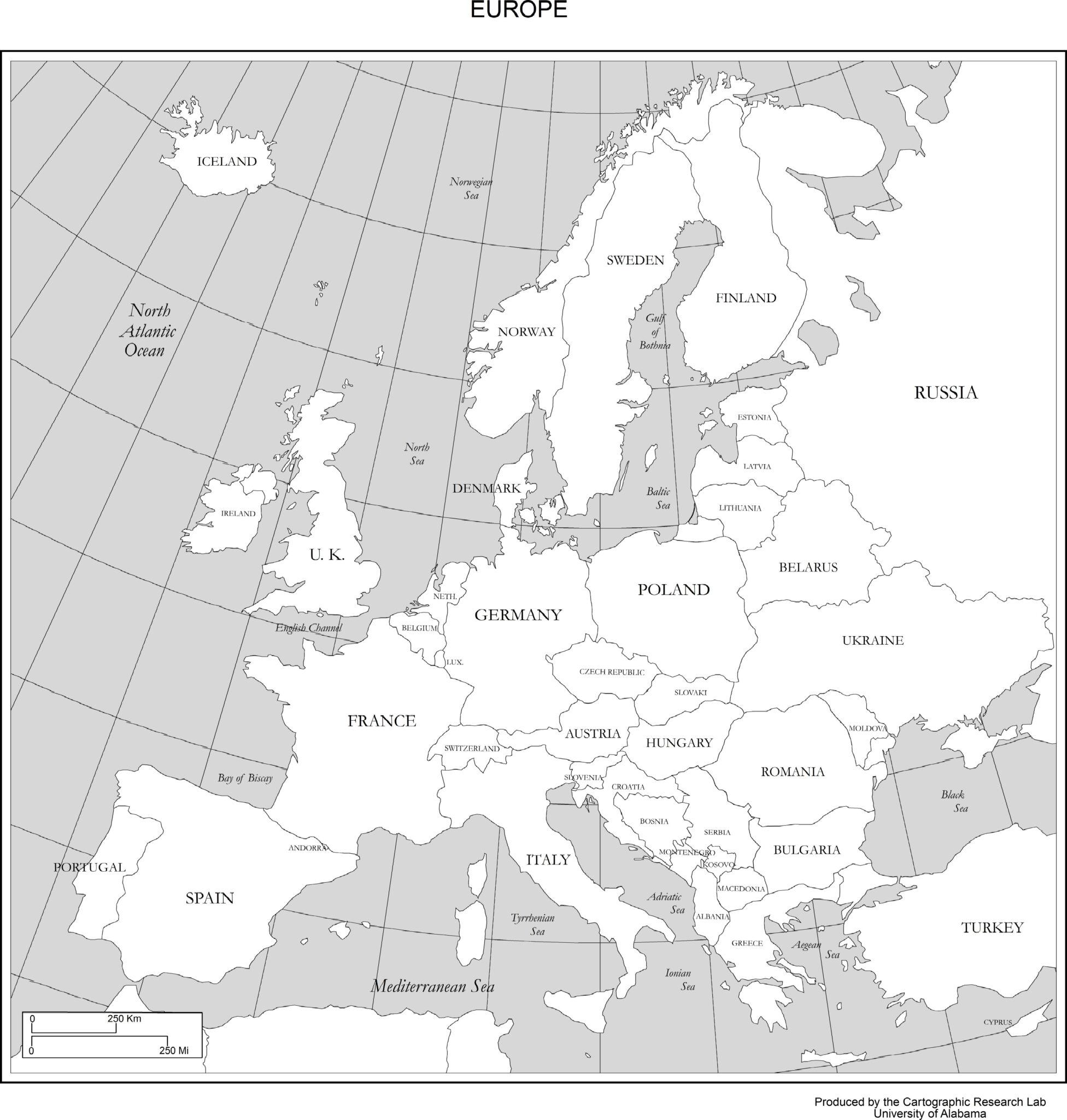 Map Of Europe With Countries Labeled Black And White Printable | Adams ...