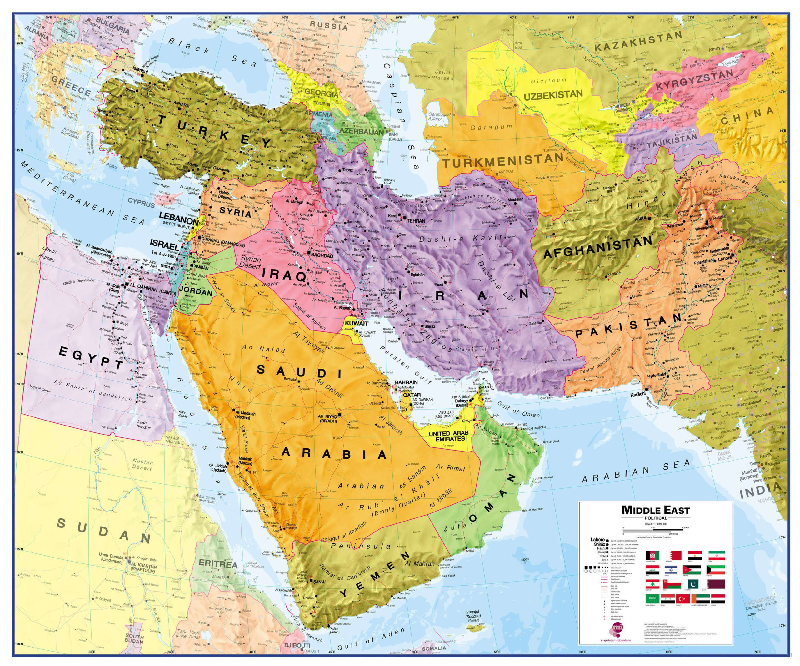 middle east political map wall map scaled