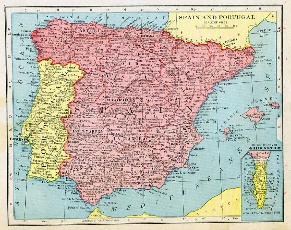 Print Map Of Spain And Portugal 1912 Etsy