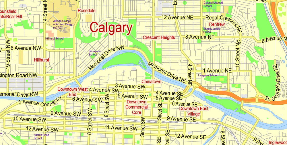 SVG Map Calgary Canada Exact City Plan 2000 Meters Scale Full Editable