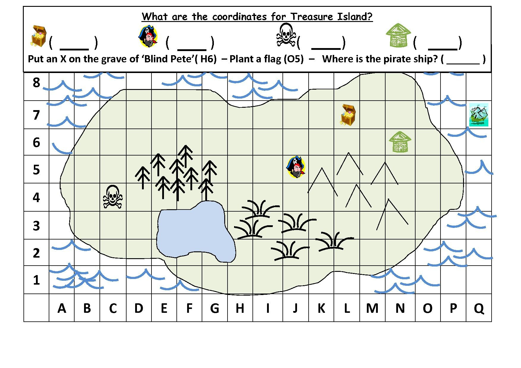 Simple Grid Maps Of A Treasure Island Printable | Adams Printable Map