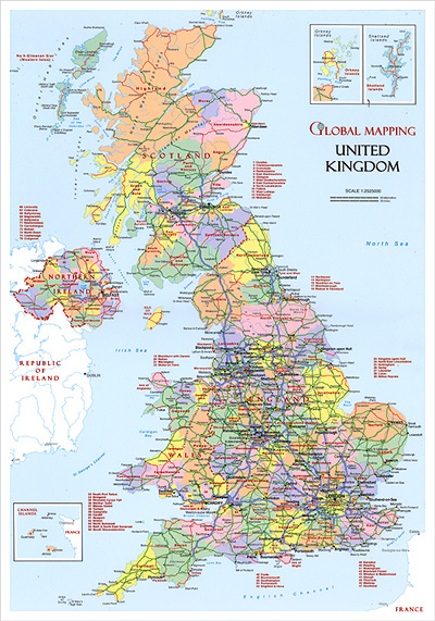 United Kingdom Global Mapping Political A3 Wall Map Stanfords | Adams ...