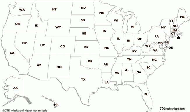 US States Two Letter Abbreviations Map