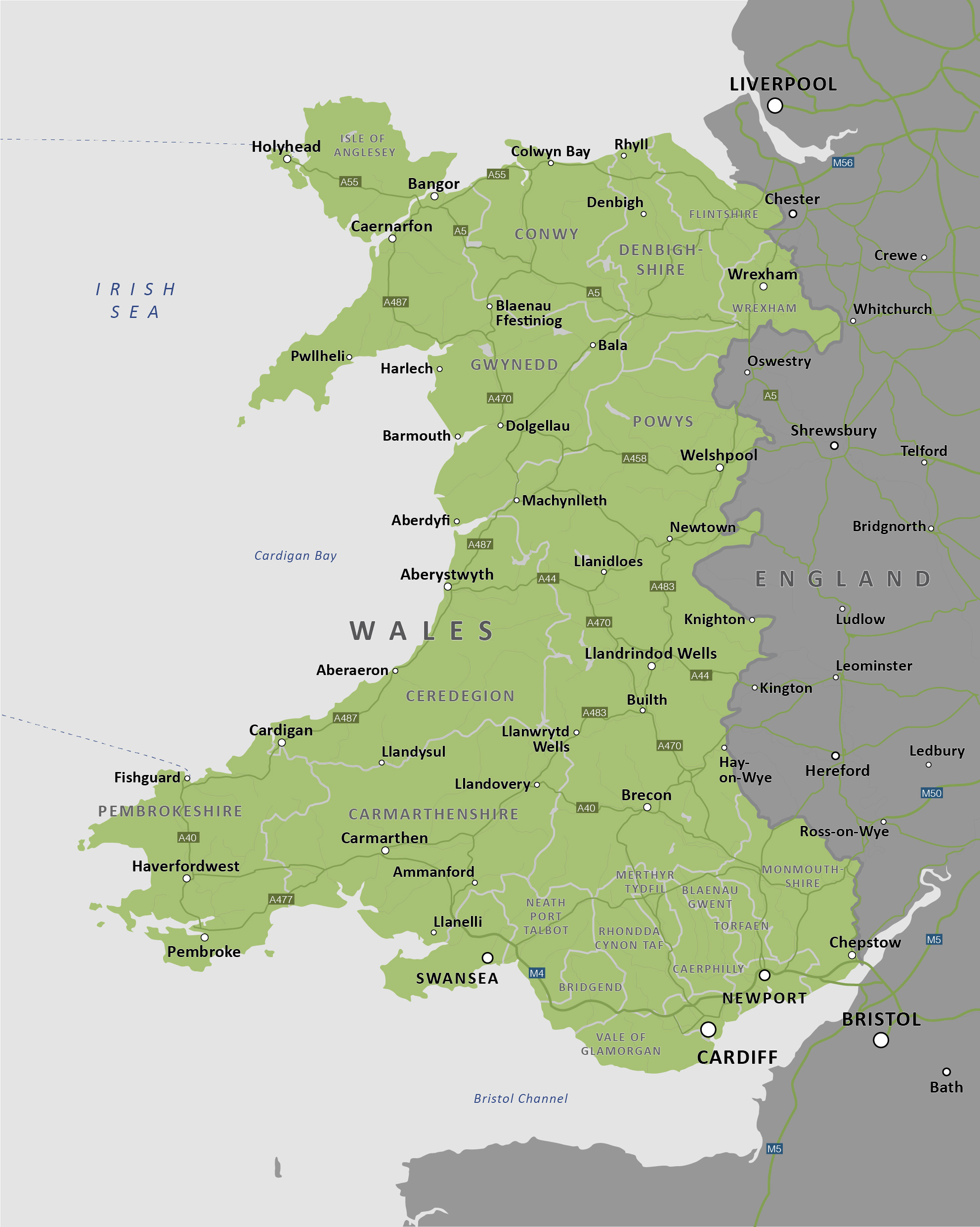 Wales Map With Roads Counties Towns Maproom