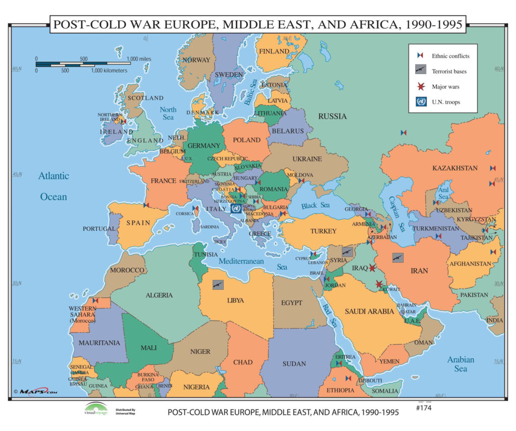 1990 Map 174 Post Cold War Europe Middle East Africa 1990 1995 On Roller W ...