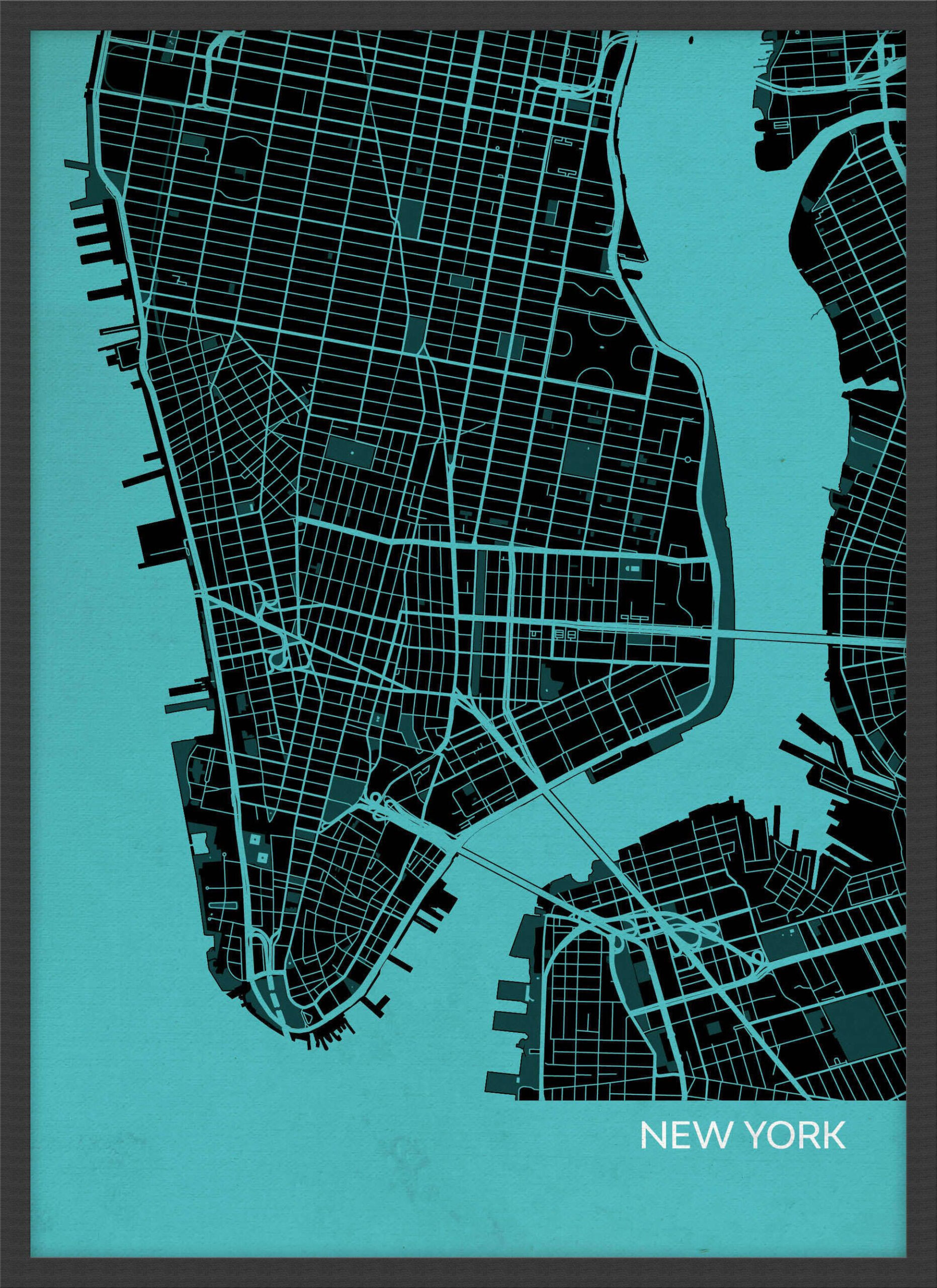 A4 New York City Street Map Print Turquoise Wood Frame Black 