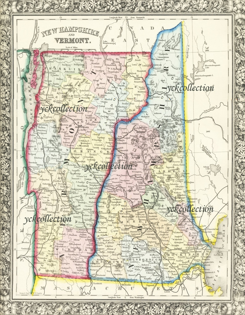 Antique Map Of New Hampshire And Vermont 8 X 10 To 28 X 36 Etsy