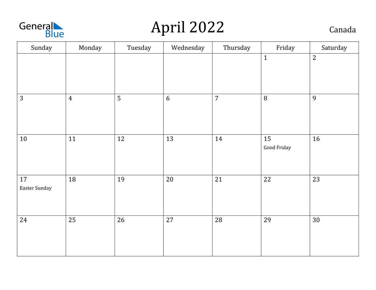 April 2022 Calendar Canada