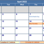 April 2022 Canada Calendar With Holidays For Printing Image Format