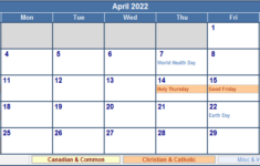April 2022 Canada Calendar With Holidays For Printing image Format
