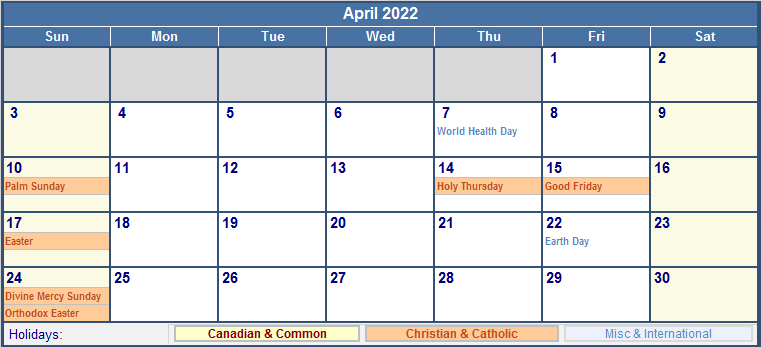April 2022 Canada Calendar With Holidays For Printing image Format 