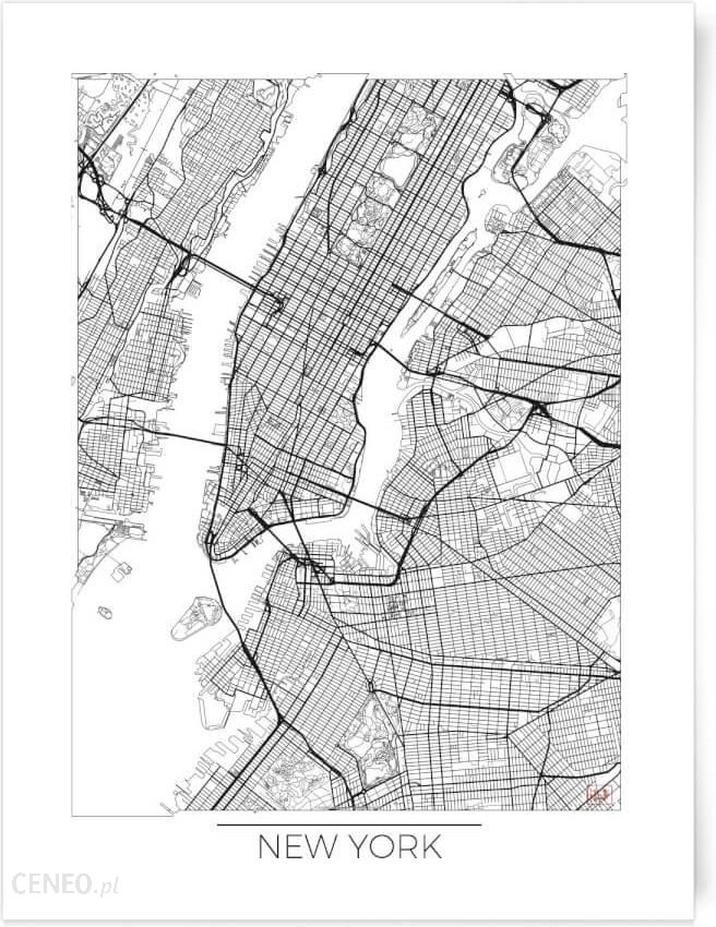 Black And White Outlined New York Map Art Print A4 Ceneo pl