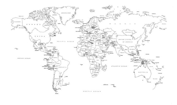 Free A4 Black And White World Map With Countries Labeled