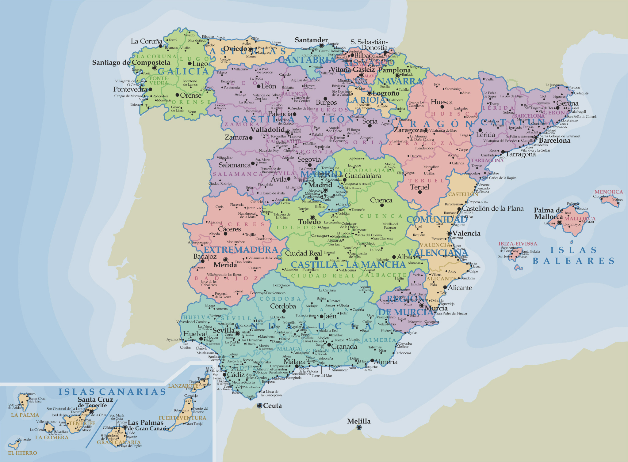 Detailed Administrative Map Of Spain With Major Cities Vidiani 