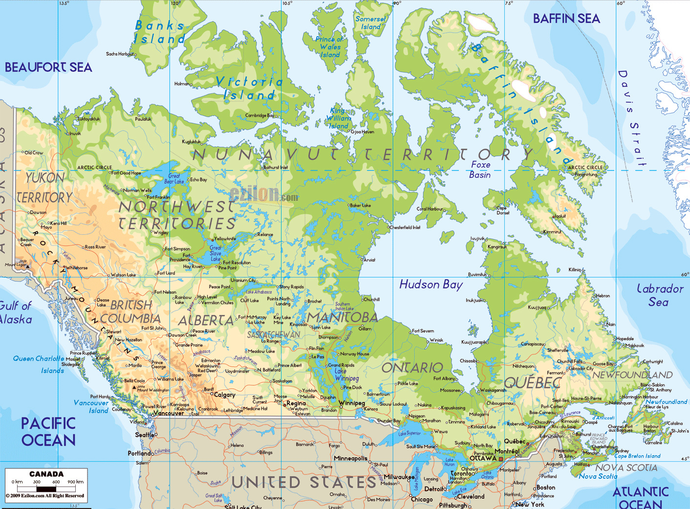 Detailed Physical Map Of Canada Canada Detailed Physical Map Vidiani 