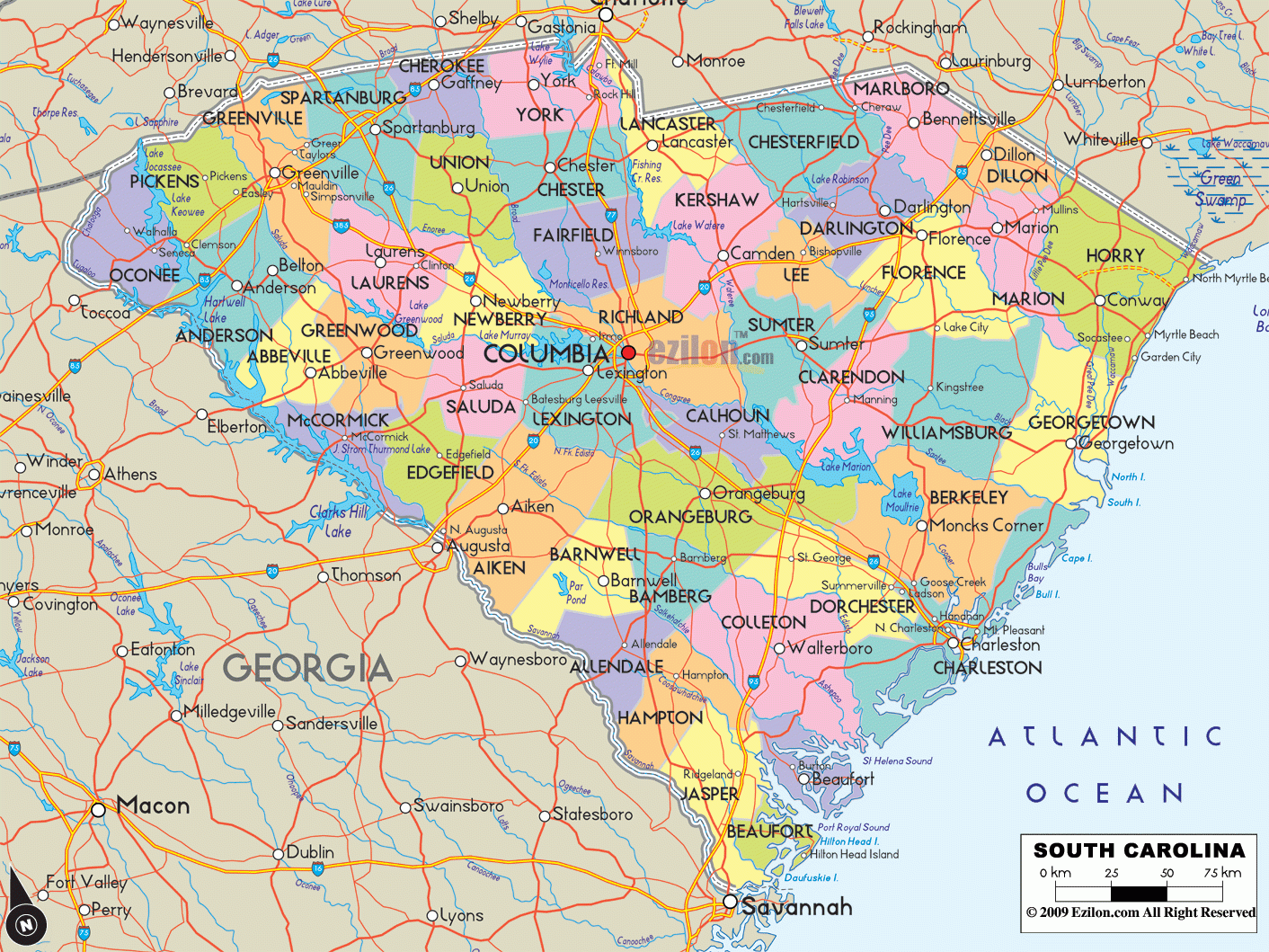 Detailed Political Map Of South Carolina Ezilon Maps