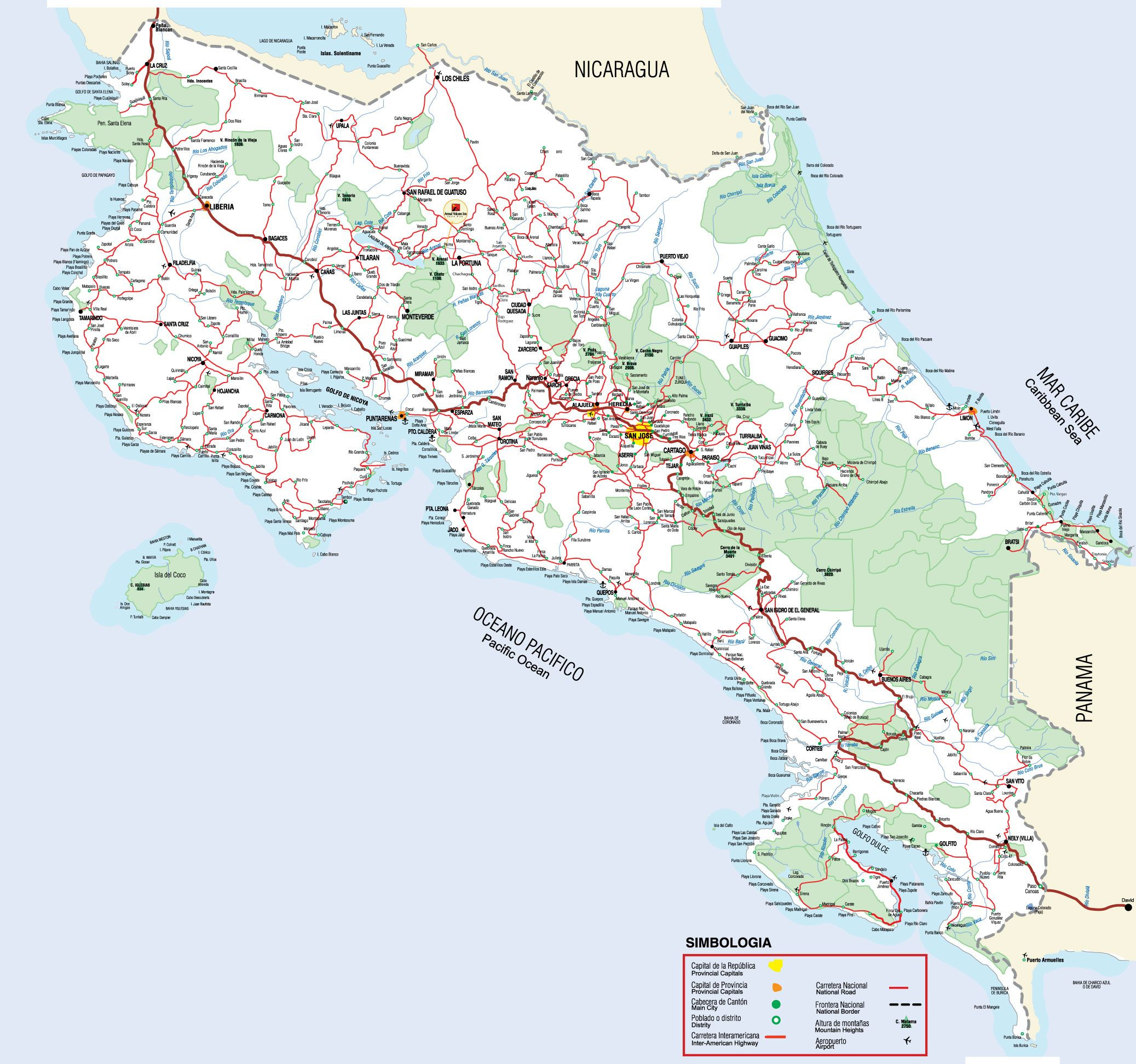 Detailed Road Map Of Costa Rica Costa Rica Detailed Road Map Vidiani 