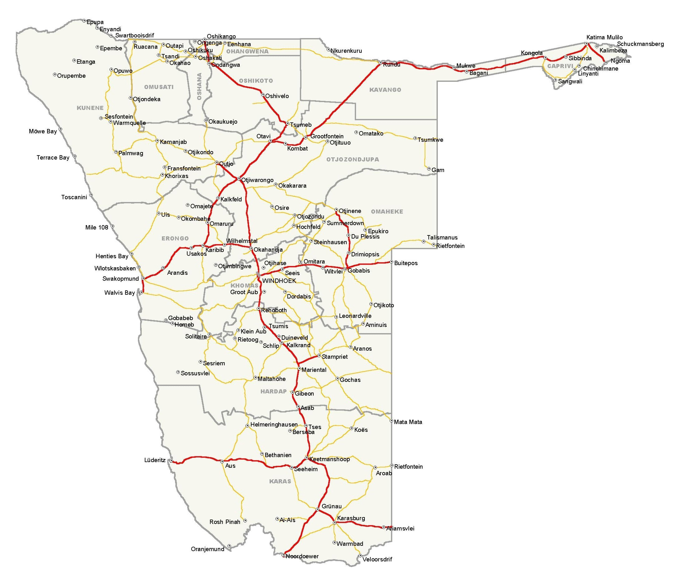 Detailed Simplified Roads Map Of Namibia Namibia Detailed Simplified 
