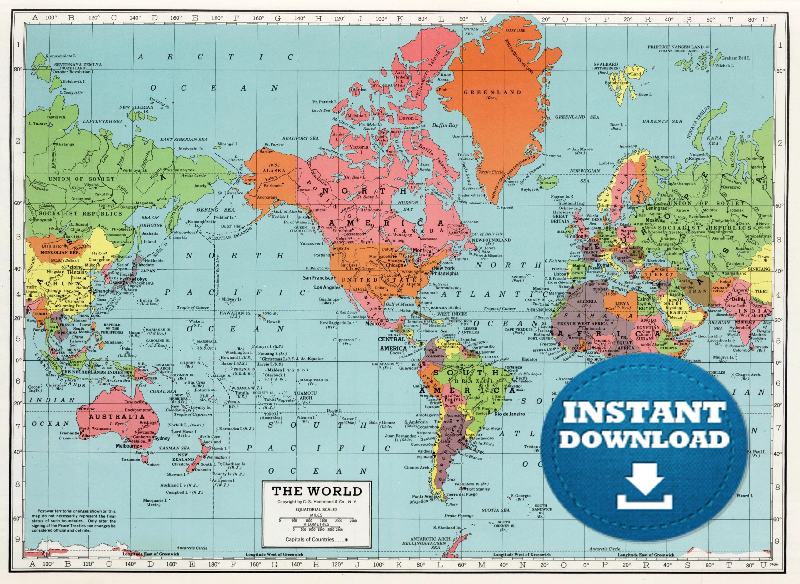 Digital Old World Map Printable Download Vintage World Map PRINTABLE 