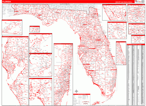 Florida Zip Code Wall Map Red Line Style By MarketMAPS