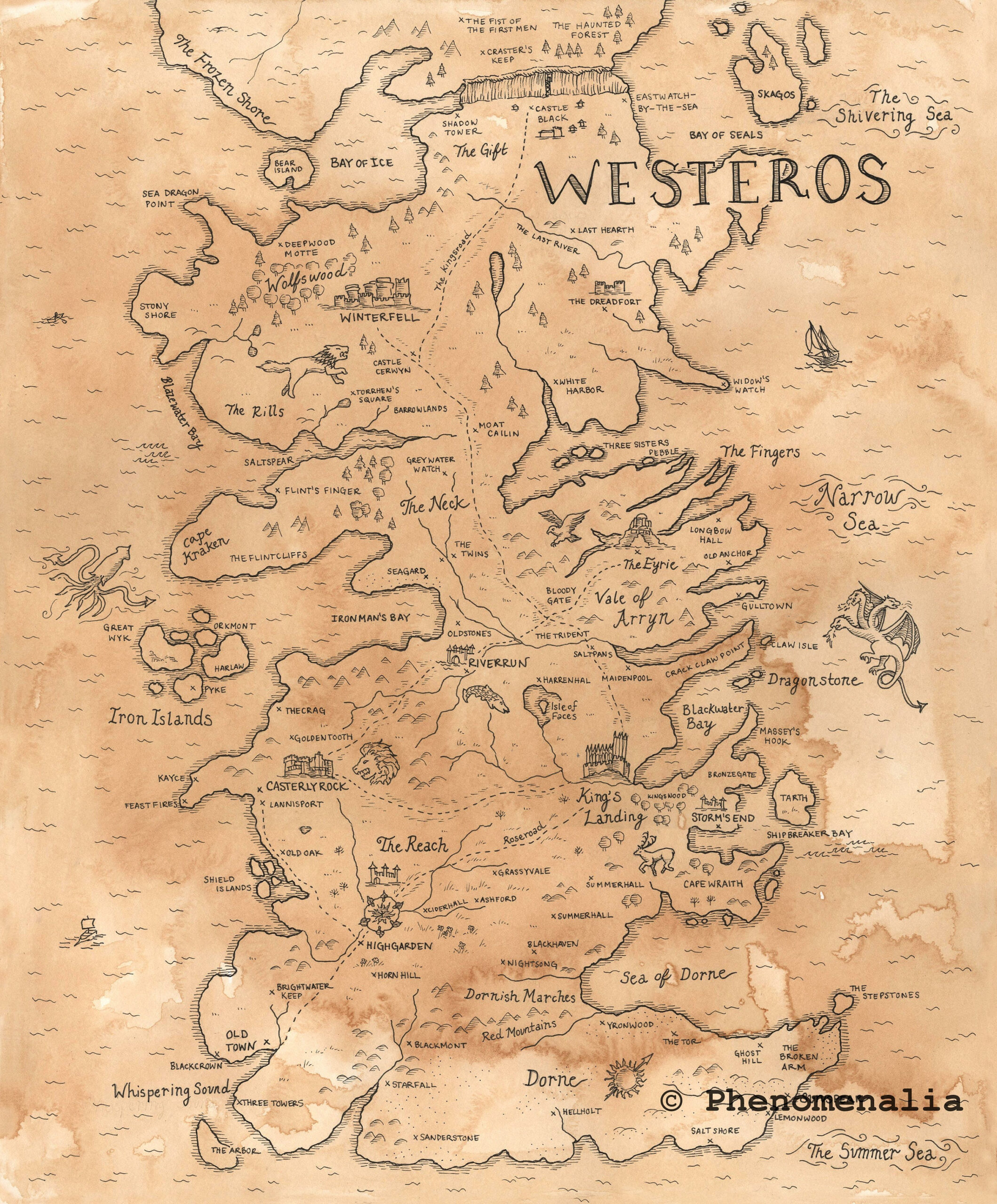 Hand Drawn Game Of Thrones Map Of Westeros Print Etsy