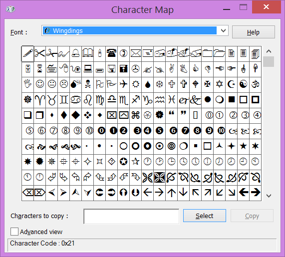 Wingdings Character Map