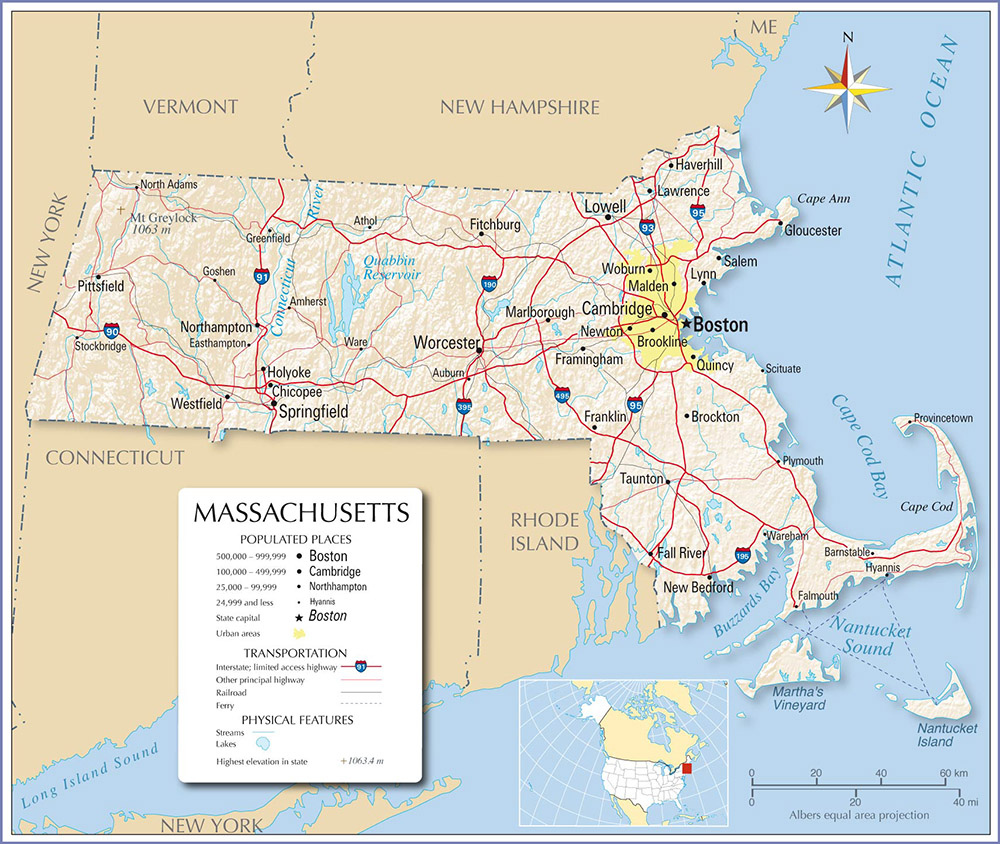 Labeled Map Of Massachusetts E With Capital Cities 