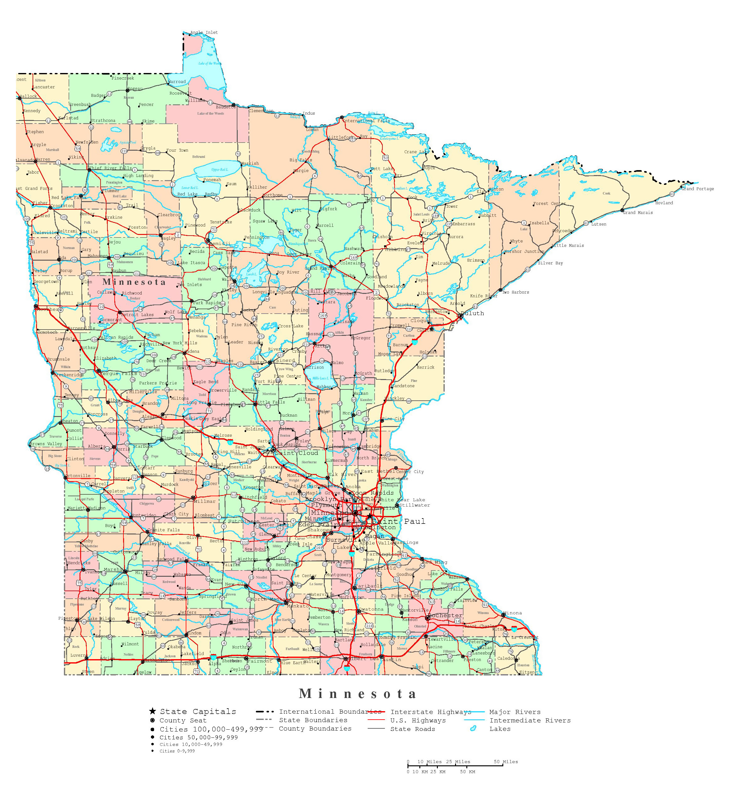 Large Detailed Administrative Map Of Minnesota State With Roads 