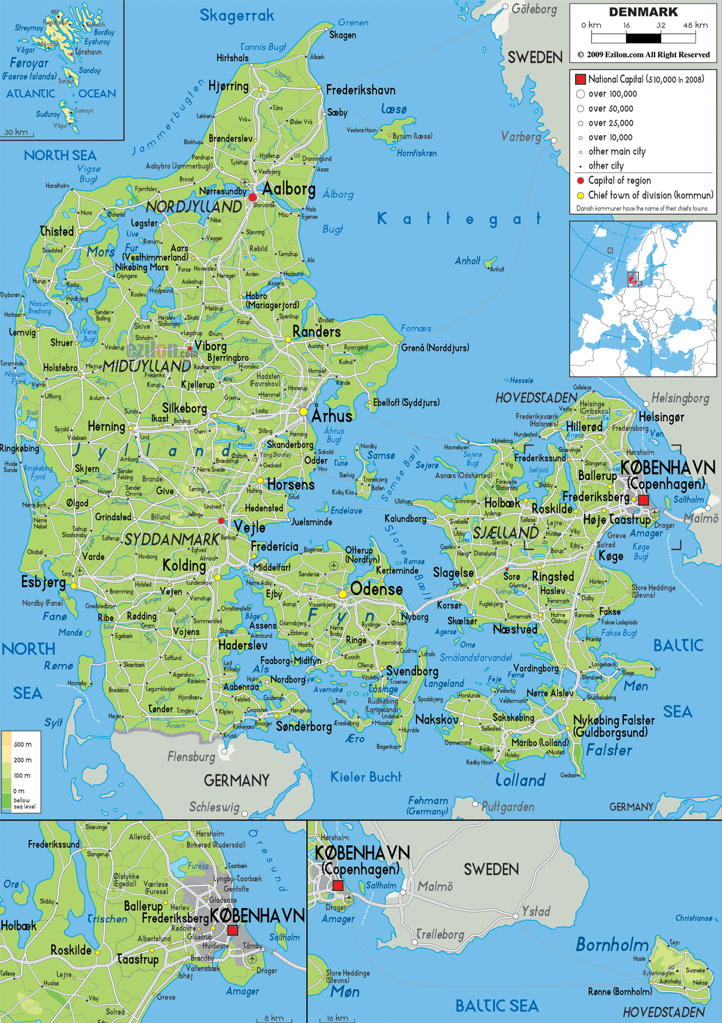 Large Detailed Physical Map Of Denmark With All Roads Cities And 