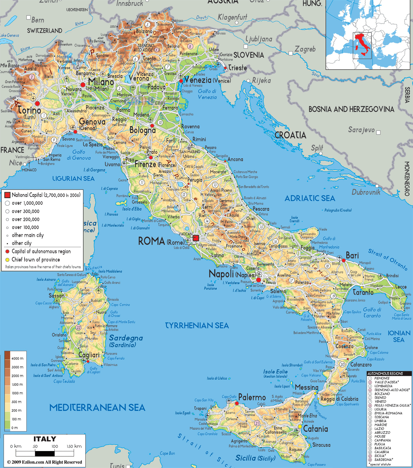 Large Detailed Physical Map Of Italy With All Cities Roads And 