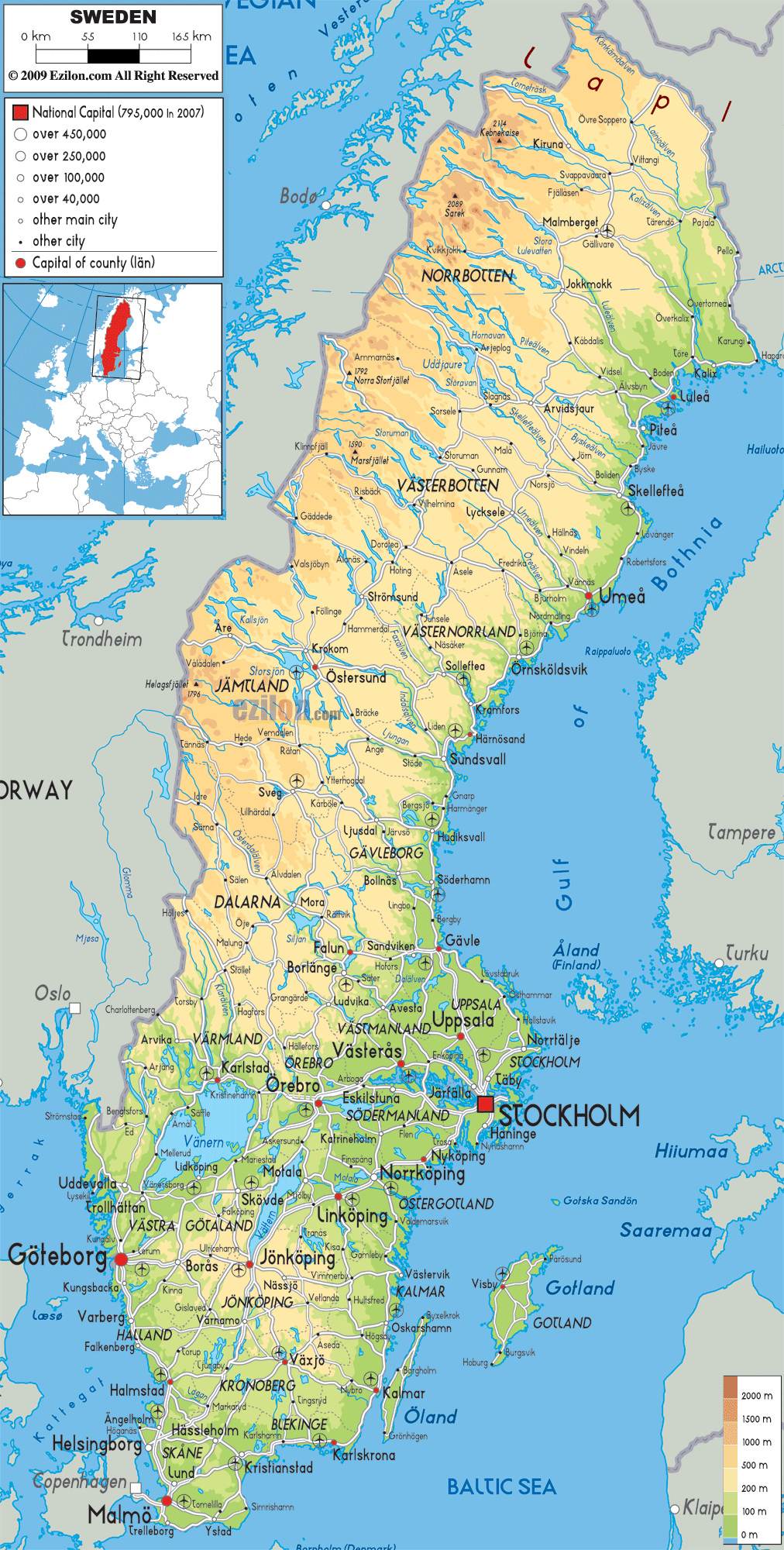 Large Detailed Physical Map Of Sweden With All Roads Cities And 