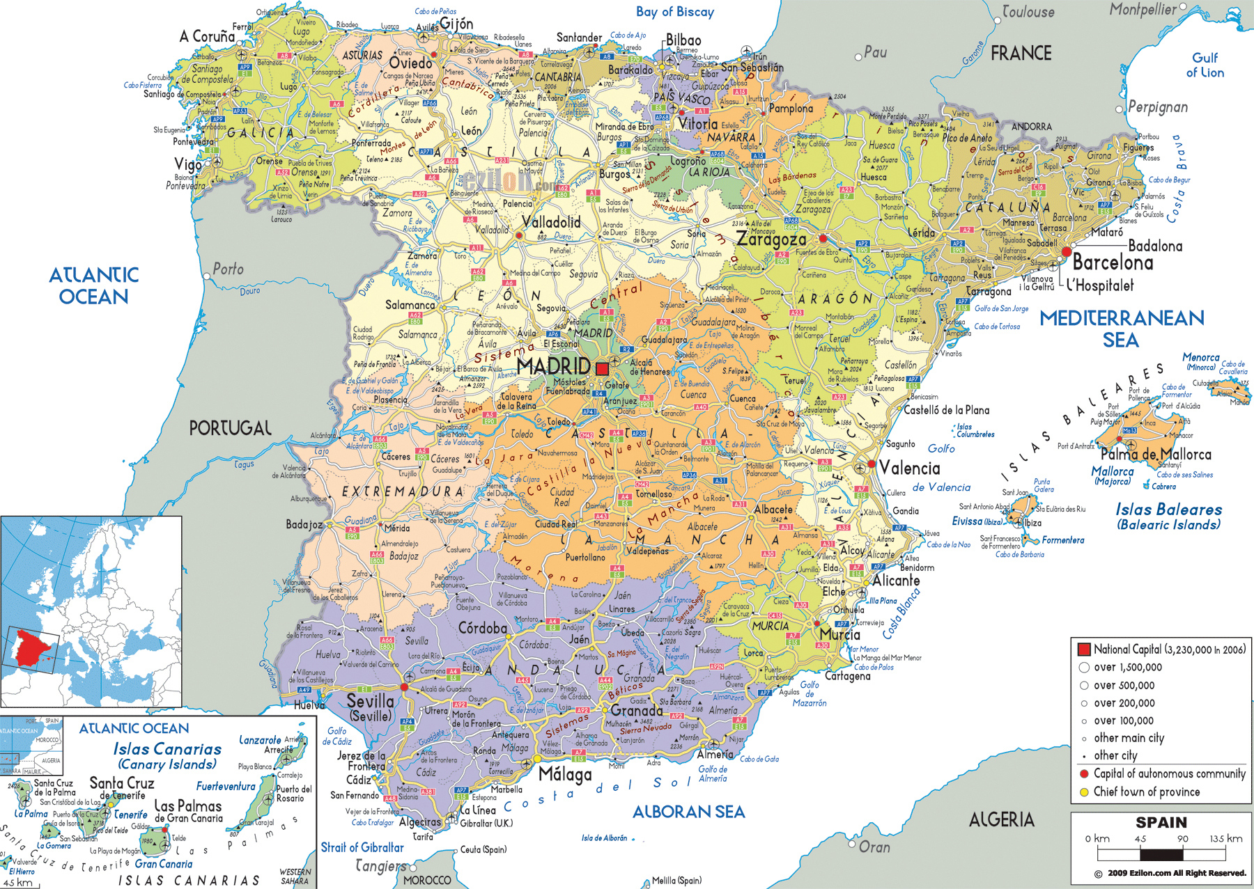 Large Detailed Political And Administrative Map Of Spain With All Roads 
