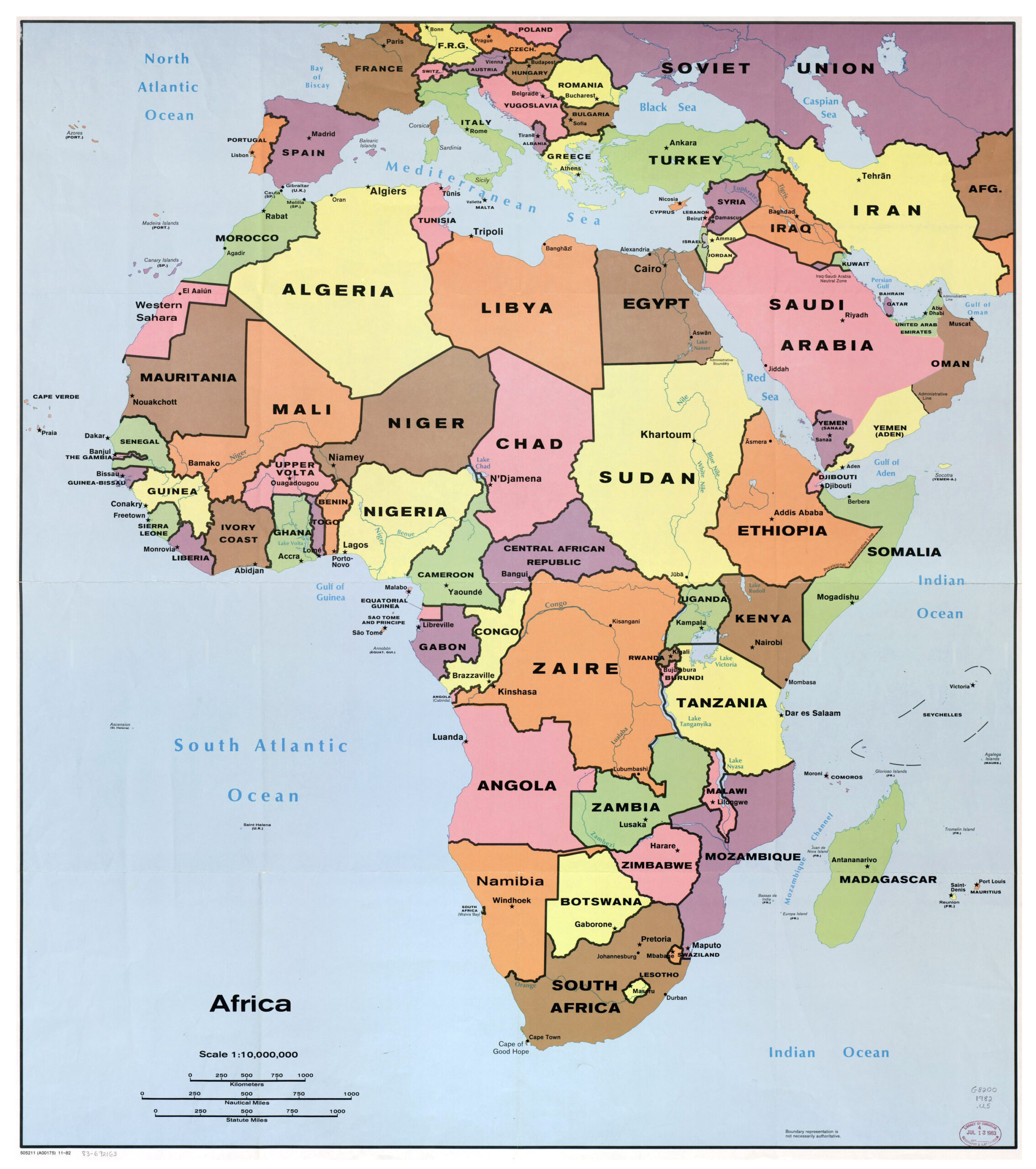 Large Detailed Political Map Of Africa With All Capitals 1982 