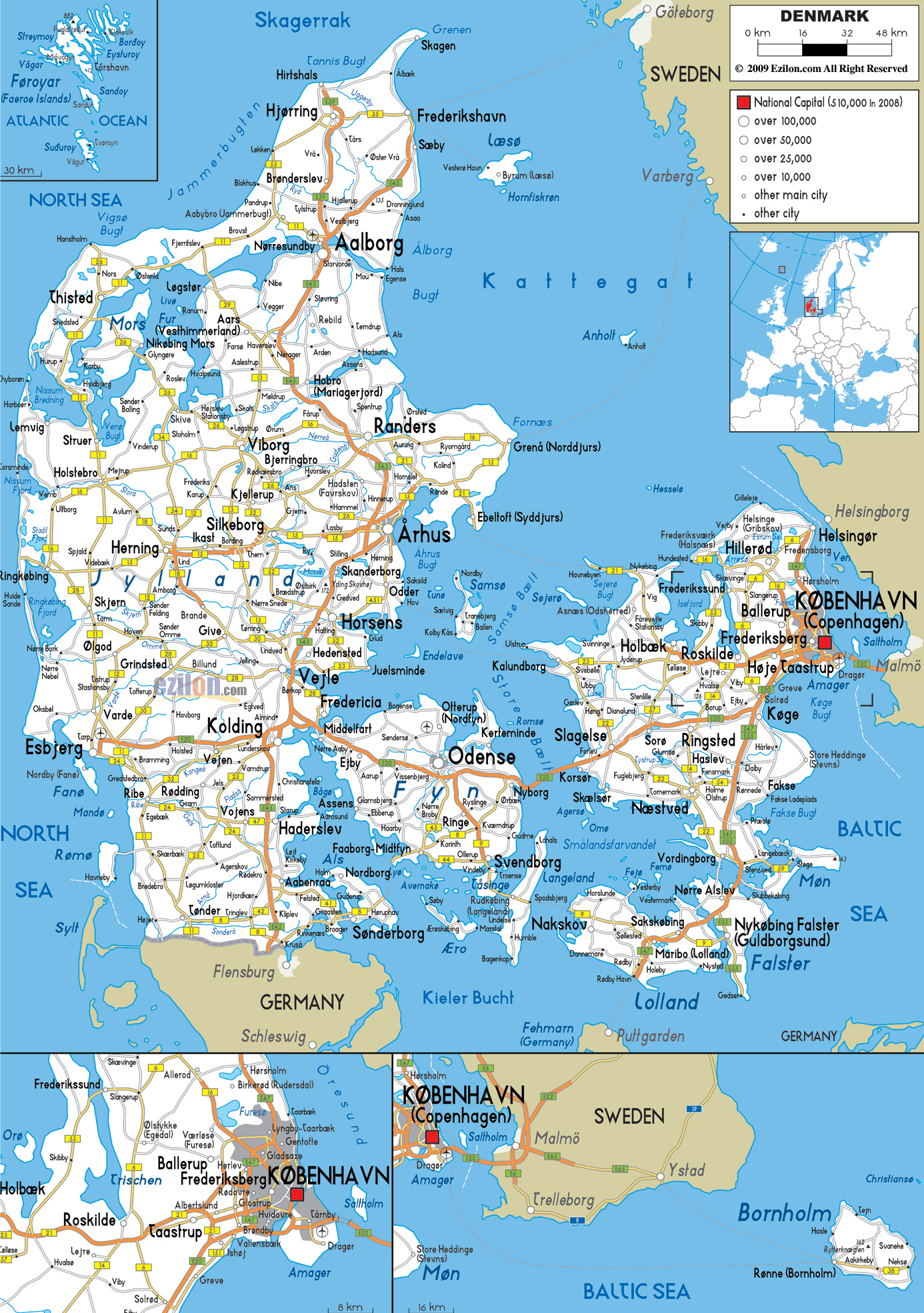 Large Detailed Road Map Of Denmark With All Cities And Airports 